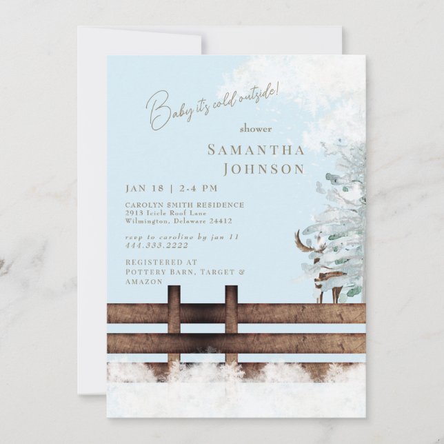Invitation Icy Blue Rustic Woodland Baby il fait froid dehors (Devant)