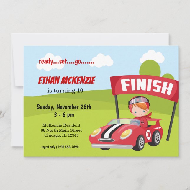 Invitation Idées de garçon pour une fête de voiture de course (Devant)