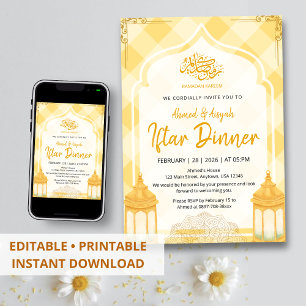 Invitation Iftar à carreaux jaune doux aquarelle