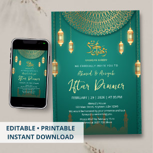 Invitation Iftar Élégant Émeraude et Mandala Doré