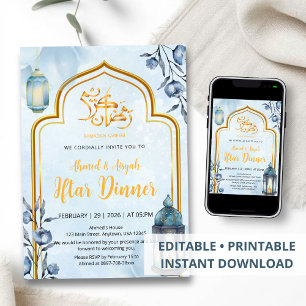 Invitation Iftar élégant Lanterne Bleue et Or à l'aquarelle