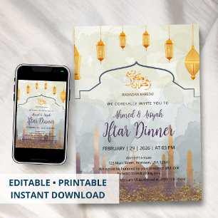 Invitation Iftar Élégant Mosquée Aquarelle & Lanternes Dorées