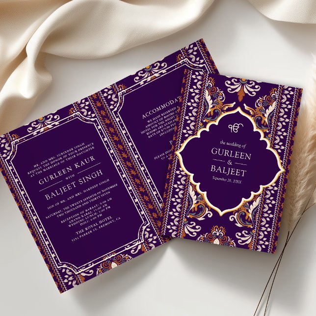 Invitation Ikat jaune foncé violet tout en un Mariage sikh (Créateur téléchargé)