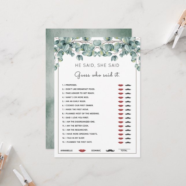 Invitation Il A Dit Qu'Elle A Dit Eucalyptus Fête des mariées (Devant/Arrière en situation)