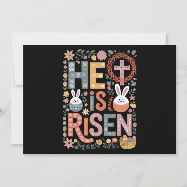 Invitation Il est ressuscité Jésus Floral mignon lapin de Pâq (Devant)