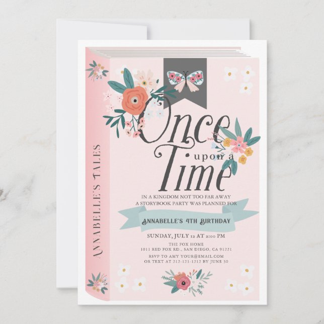 Invitation Il était une fois rose florale fille anniversaire (Devant)