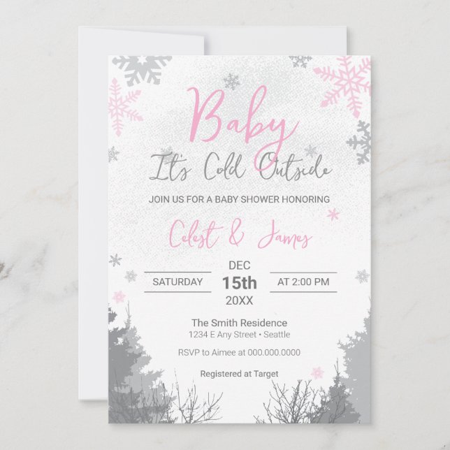 Invitation Il fait froid à l'extérieur de Baby shower rose (Devant)