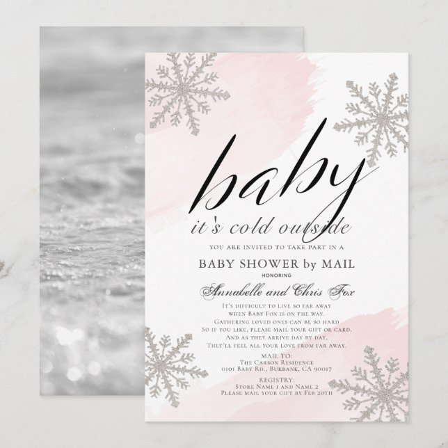 Invitation Il fait froid dehors Baby shower rose par courrier (Devant / Derrière)