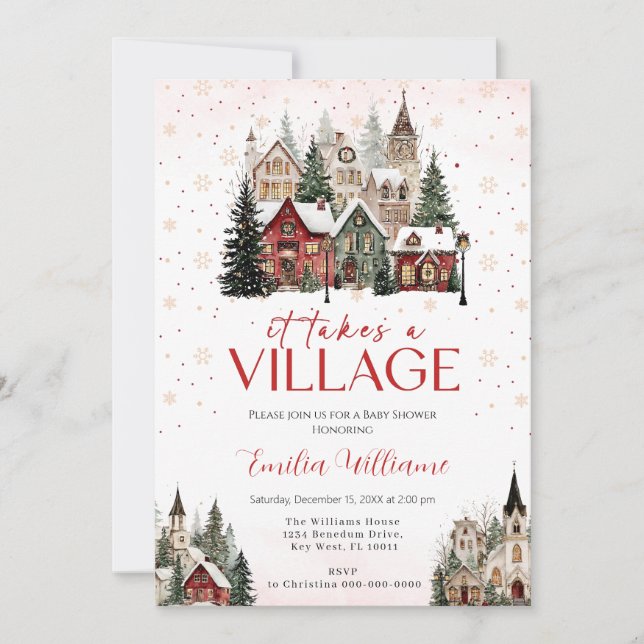 Invitation Il faut un baby shower de Noël de village (Devant)