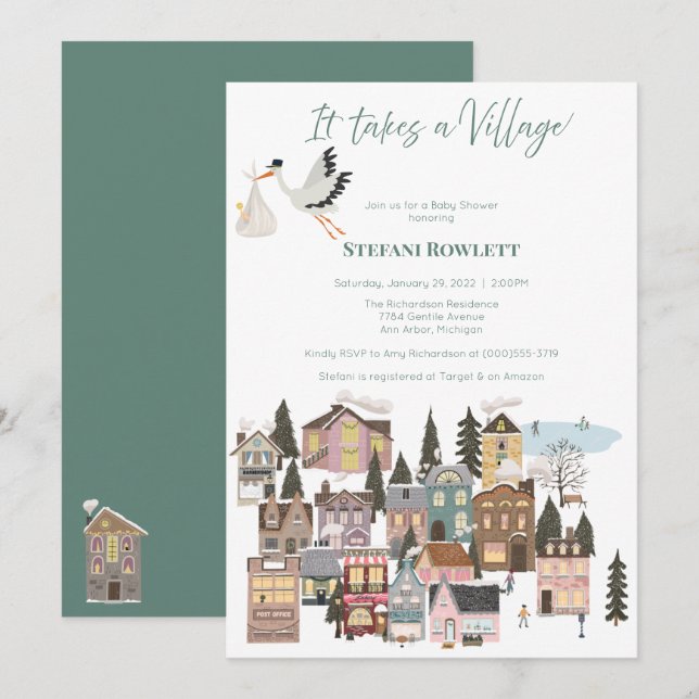 Invitation Il faut un Baby shower d'hiver village avec cigogn (Devant / Derrière)