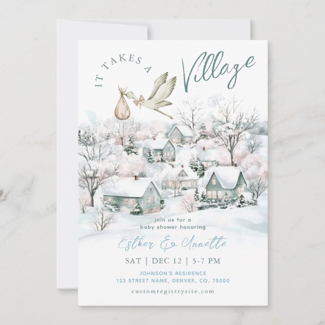Invitation Il Faut Un Village Stork Baby shower D'Hiver (Devant)