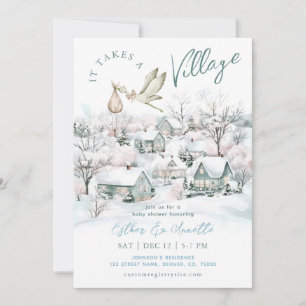 Invitation Il Faut Un Village Stork Baby shower D'Hiver