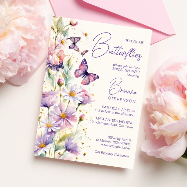 Invitation Il me donne des papillons enchantés douche nuptial (He gives me butterflies enchanted garden purple lavender flowers bridal shower invitation template)
