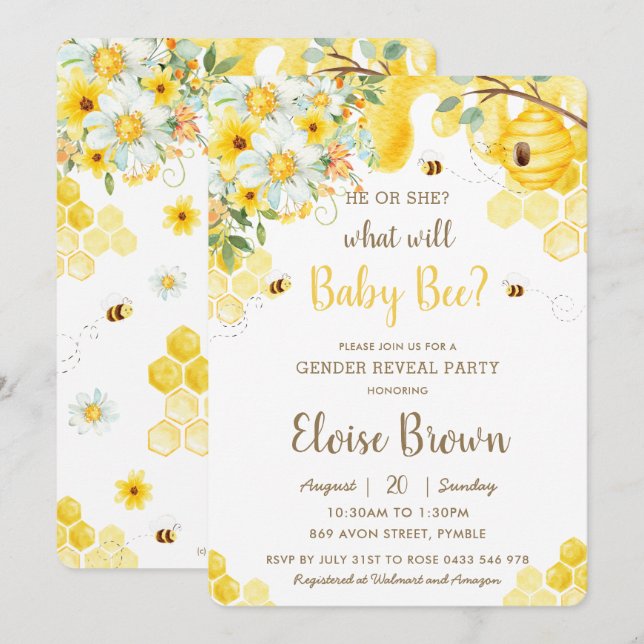 Invitation Il ou elle abeilles Jaune Floral Genre Revevela Pa (Devant / Derrière)