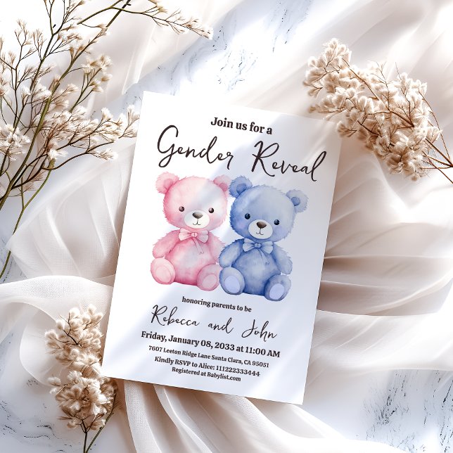 Invitation Il ou elle Bleu et Rose Ours Genre Fête de Révélat (Créateur téléchargé)