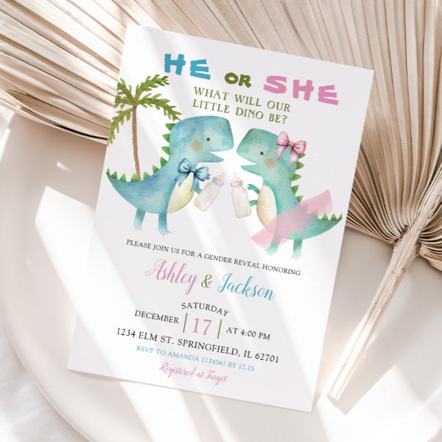 Invitation Il ou elle Dino avec rose bleu Bow Révélation de g (Créateur téléchargé)