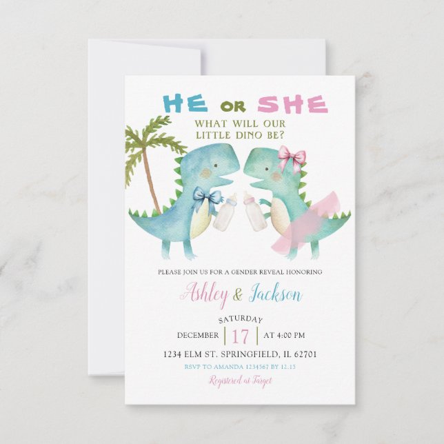 Invitation Il ou elle Dino avec rose bleu Bow Révélation de g (Devant)