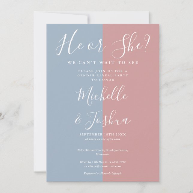Invitation Il Ou Elle Élégante Fête Moderne De Révélation De  (Devant)