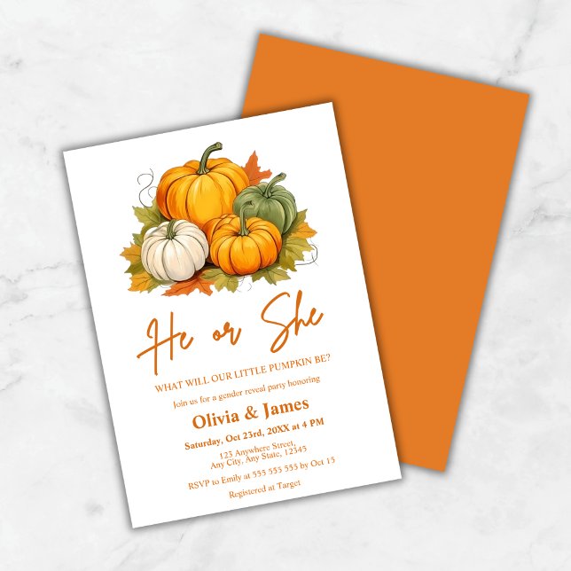 Invitation Il ou elle tombe Citrouille de la fête de la révél (He or She Fall Pumpkin Gender Reveal Party Invitation )