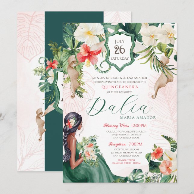 Invitation Ile tropicale Emerald Green Floral Quinceanera (Devant / Derrière)