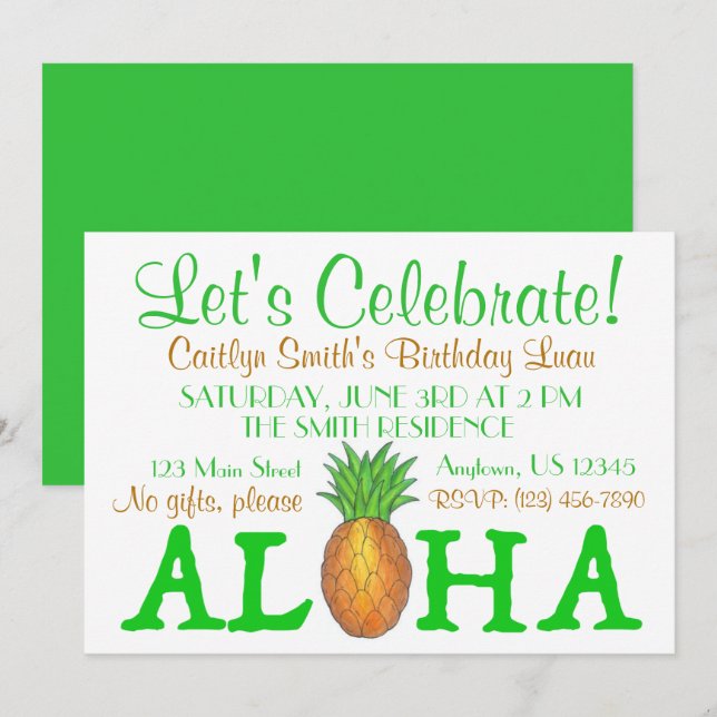 Invitation Île tropicale Luau Pineapple Hawaii Aloha Party (Devant / Derrière)
