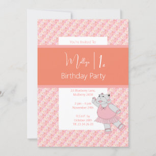 Invitation illusima Ballerina Hippo Pêche florale 1er anniver