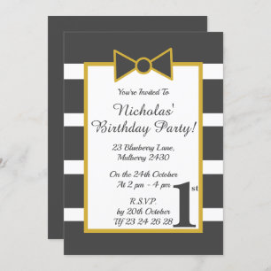 Invitation illusima Gris Gold Stripy Boys Bow fête d'annivers