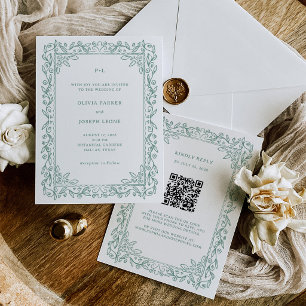 Invitation Illustration botanique Code QR vert sauge Mariag