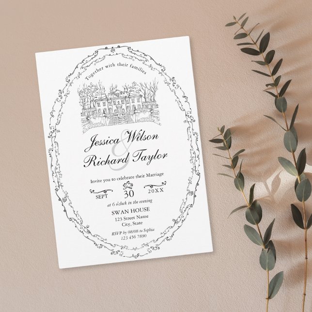 Invitation Illustration classique du manoir de lieu sur mesur (custom hand drawn classic wedding venue illustration invitation with border)