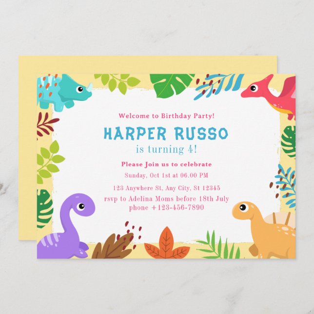 Invitation Illustration Colorful Cute Dino Anniversaire (Devant / Derrière)