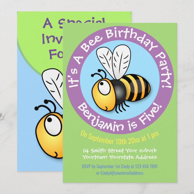 Invitation Illustration d'abeille jaune joyeux (Devant / Derrière)