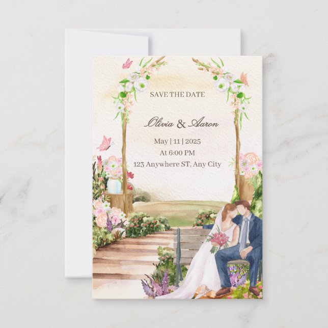Invitation Illustration de couple de jardin élégamment romant (Devant)