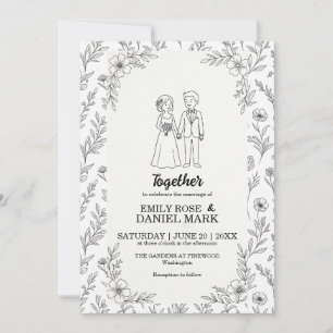 Invitation Illustration de couple mignon mariage floral minim