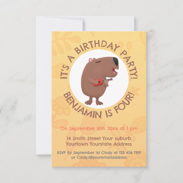 Invitation Illustration de dessin animé de capybara ukulele (Devant)