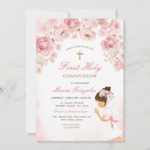 Invitation Illustration de fille priant avec fleurs roses et