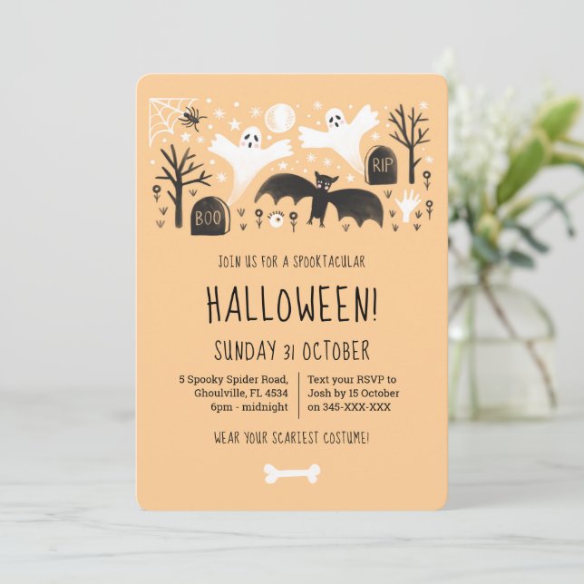 Invitation Illustration de Halloween Cute Ghosts Orange Black (Debout devant)