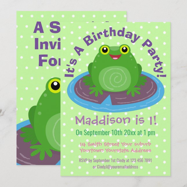 Invitation Illustration de la grenouille mignonne sur le tapi (Devant / Derrière)