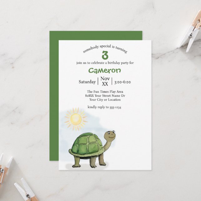 Invitation Illustration de la tortue mignonne (Devant/Arrière en situation)