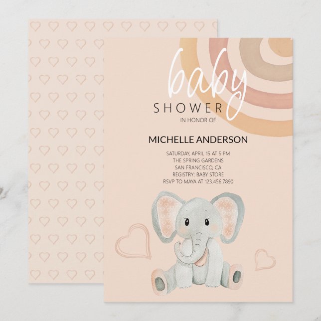 Invitation Illustration de l'aquarelle de l'éléphant à blanc  (Devant / Derrière)