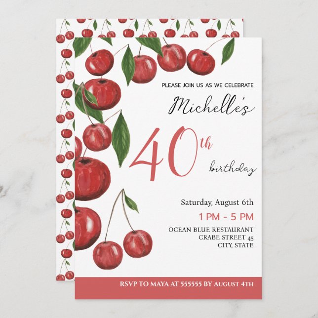 Invitation Illustration de l'aquarelle des cerises douces (Devant / Derrière)