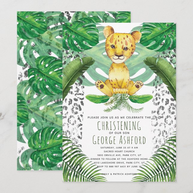 Invitation Illustration de lion Safari Baptême (Devant / Derrière)