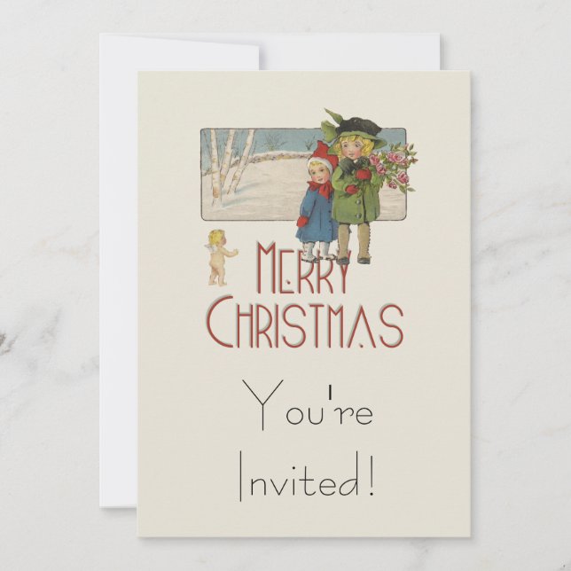 Invitation Illustration de Noël Antique Enfants 1920 (Devant)