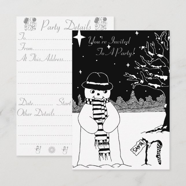 Invitation Illustration de noël de bonhomme blanc noir (Devant / Derrière)