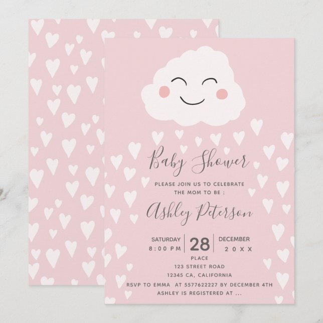 Invitation Illustration de nuage de coeurs mignons pour une b (Devant / Derrière)