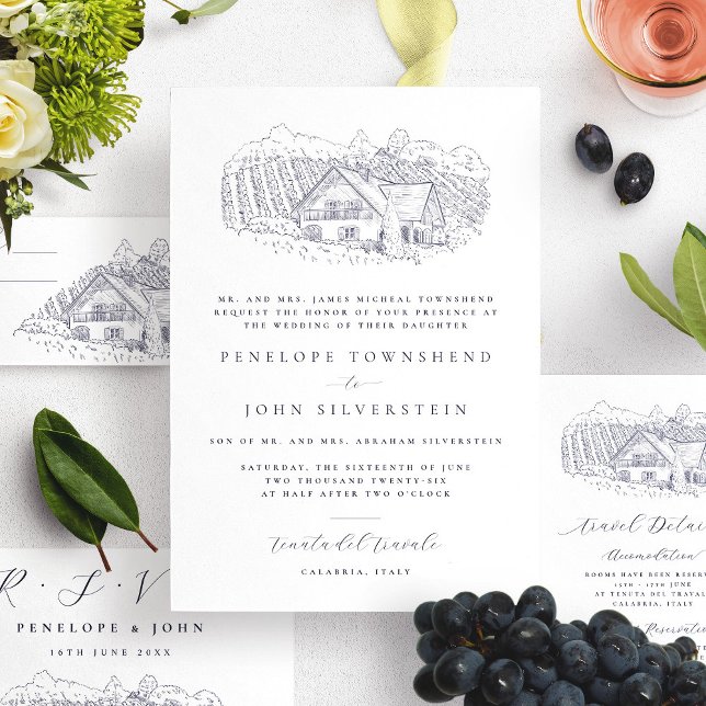 Invitation Illustration de vignoble élégant Mariage officiel (Elegant Vineyard Illustration Formal Wedding Invitation)