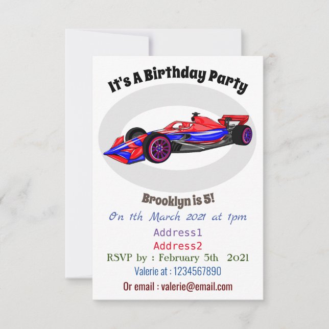 Invitation Illustration de voiture de course professionnelle (Devant)