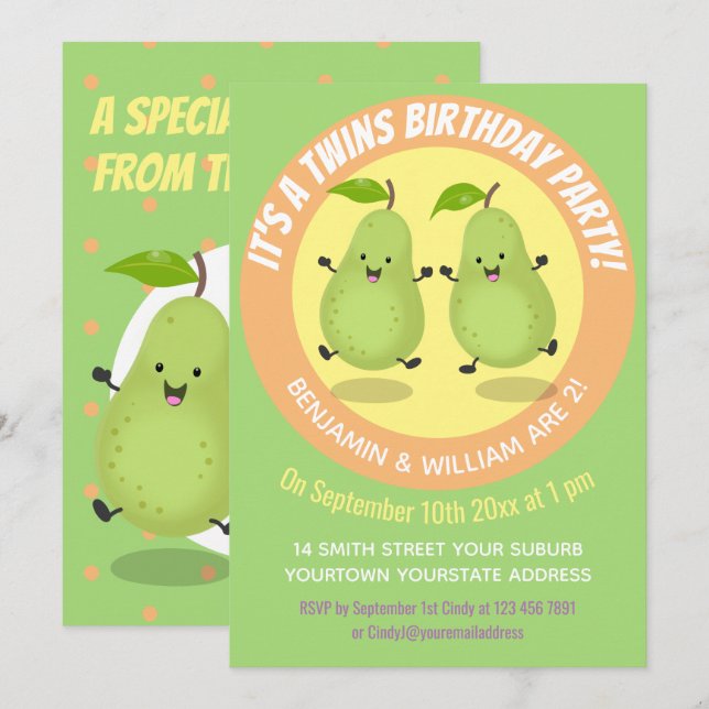 Invitation Illustration des jumeaux de poire mignonne (Devant / Derrière)