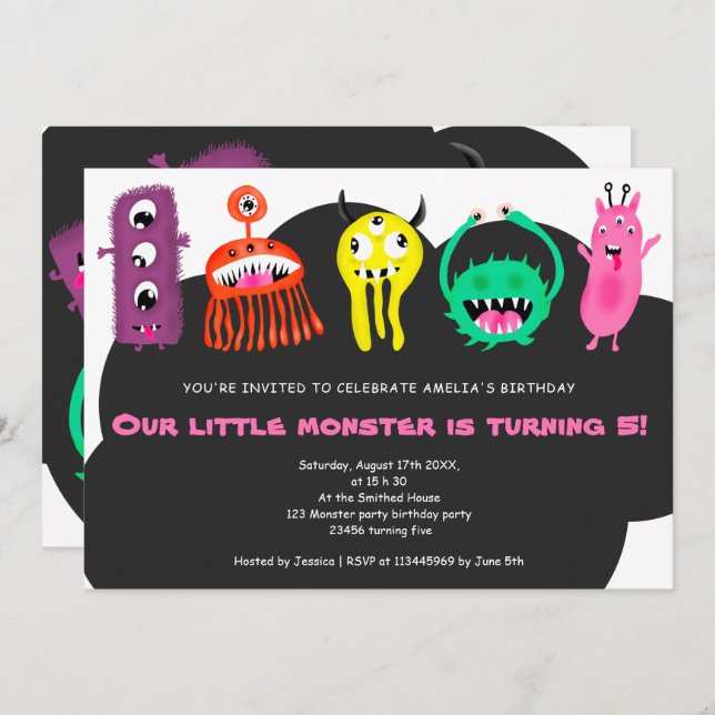 Invitation Illustration des monstres mignons 5e anniversaire (Devant / Derrière)