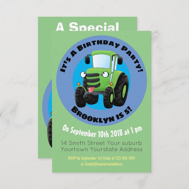 Invitation Illustration du joli joyeux tracteur agricole vert (Devant / Derrière)