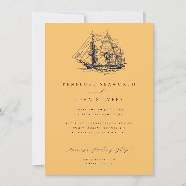 Invitation Illustration du navire nautique Mariage jaune (Devant)